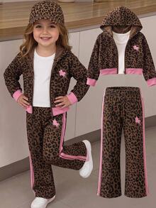 SHEIN Baby Girl Knitted Leopard Print Colorblock Horse Logo Hooded Cardigan And Pants 2 Pieces Set - Multicolor - View 7