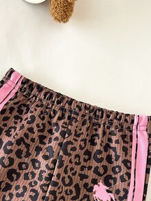 SHEIN Baby Girl Knitted Leopard Print Colorblock Horse Logo Hooded Cardigan And Pants 2 Pieces Set - Multicolor - View 3