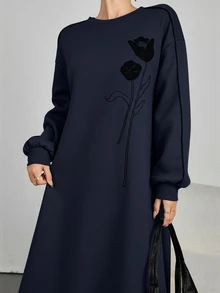 Modelyn Women's Casual Floral Tulip Print Dress,Long Sleeve Dropped Shoulder Loose Arabic Style Navy Blue Winter Dress,Suitable For Daily Commute - Navy Blue - View 2