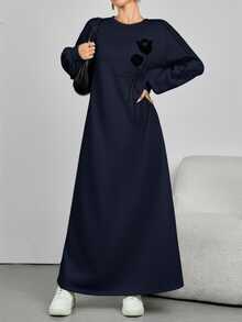 Modelyn Women's Casual Floral Tulip Print Dress,Long Sleeve Dropped Shoulder Loose Arabic Style Navy Blue Winter Dress,Suitable For Daily Commute - Navy Blue - View 7
