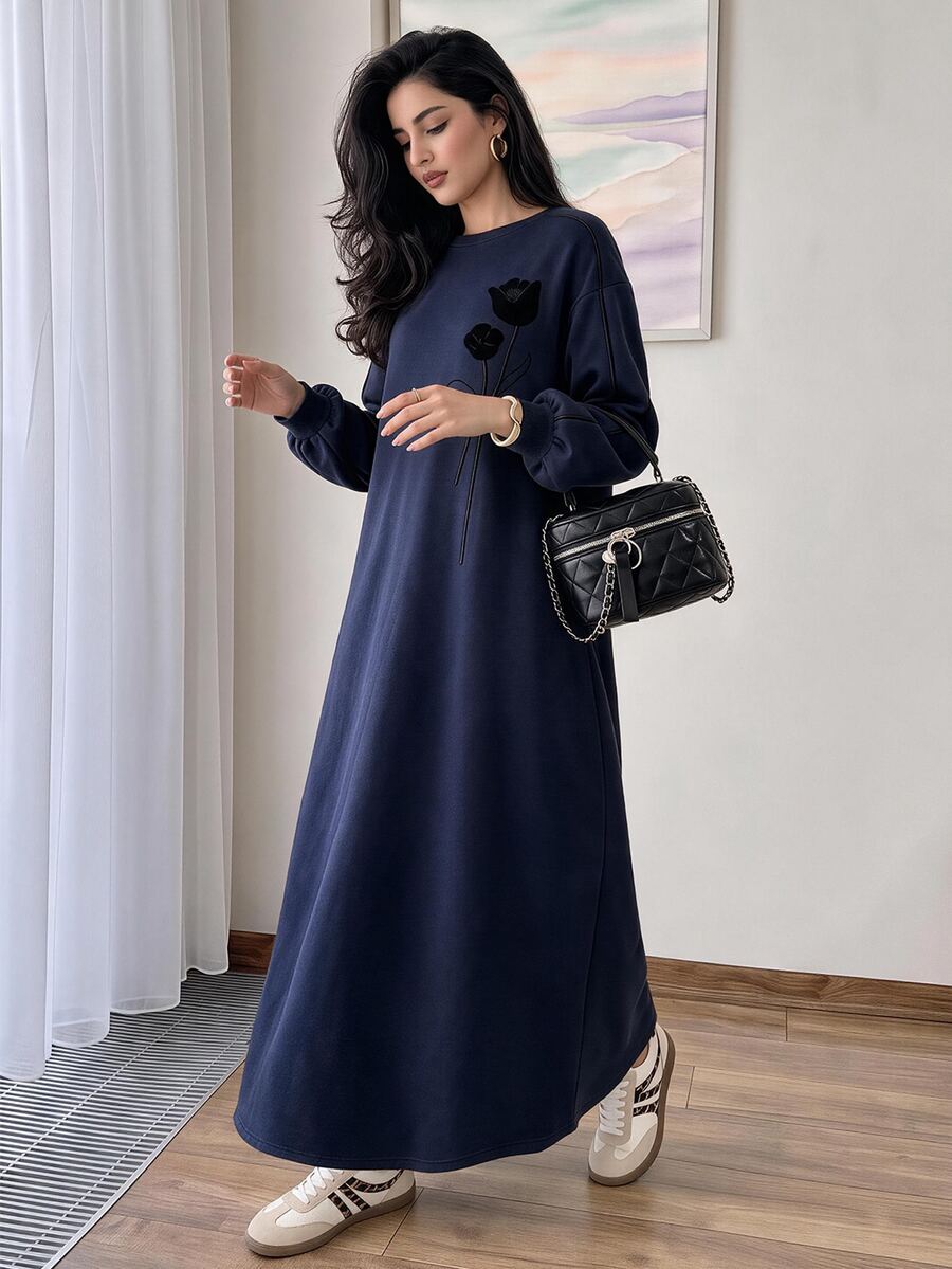 Modelyn Women's Casual Floral Tulip Print Dress,Long Sleeve Dropped Shoulder Loose Arabic Style Navy Blue Winter Dress,Suitable For Daily Commute - Navy Blue - View 1