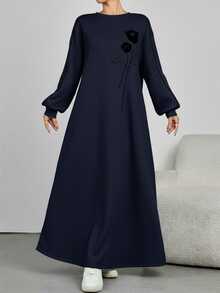 Modelyn Women's Casual Floral Tulip Print Dress,Long Sleeve Dropped Shoulder Loose Arabic Style Navy Blue Winter Dress,Suitable For Daily Commute - Navy Blue - View 5