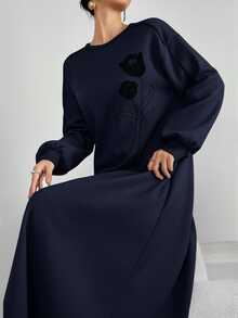 Modelyn Women's Casual Floral Tulip Print Dress,Long Sleeve Dropped Shoulder Loose Arabic Style Navy Blue Winter Dress,Suitable For Daily Commute - Navy Blue - View 4