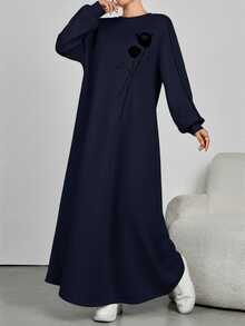 Modelyn Women's Casual Floral Tulip Print Dress,Long Sleeve Dropped Shoulder Loose Arabic Style Navy Blue Winter Dress,Suitable For Daily Commute - Navy Blue - View 3