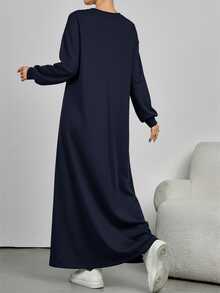 Modelyn Women's Casual Floral Tulip Print Dress,Long Sleeve Dropped Shoulder Loose Arabic Style Navy Blue Winter Dress,Suitable For Daily Commute - Navy Blue - View 6