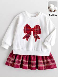 Maija Kids Maija Kids 女嬰針織秋冬衛衣洋裝，大蝴蝶刺繡拼接紅色格紋裙，超級可愛 - 杏色 - 查看 2