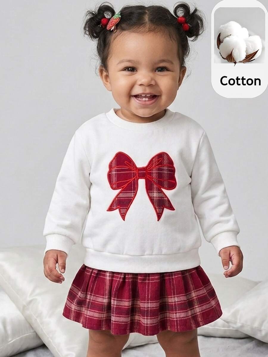 Maija Kids Maija Kids 女嬰針織秋冬衛衣洋裝,大蝴蝶刺繡拼接紅色格紋裙,超級可愛 - 杏色 - 查看 1