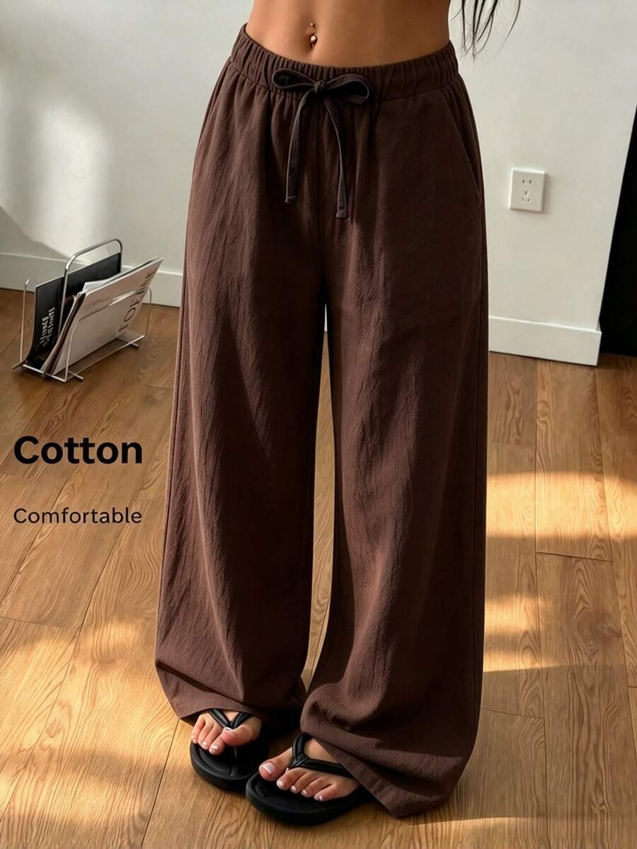 SHEIN Reset Phase 青少年女孩秋季彈性腰抽繩直筒棉質長褲,寬鬆休閒夏季長褲,附側口袋 - 棕色 - 查看 1