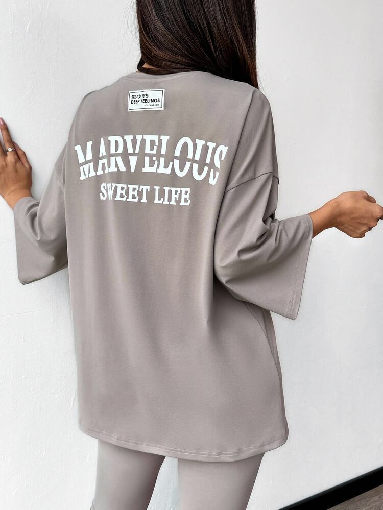 Solavon 2pcs/Set Women's Autumn Letter Print Oversized T-Shirt And Pants Casual Outfit 2 Pieces Set Holiday Travel Outfit Airport Everyday Grey - Khaki - View 6