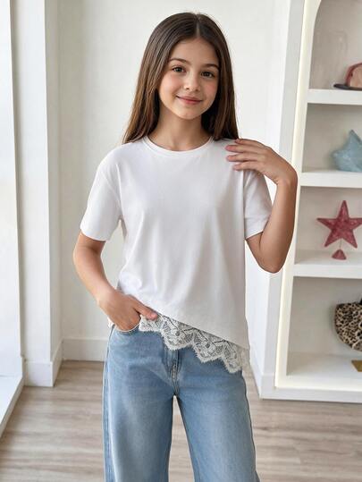 SHEIN Camiseta casual de cuello redondo con dobladillo de encaje de color contrastante para niñas preadolescentes, verano, conjunto, cómoda, diaria, minimalista, vacaciones