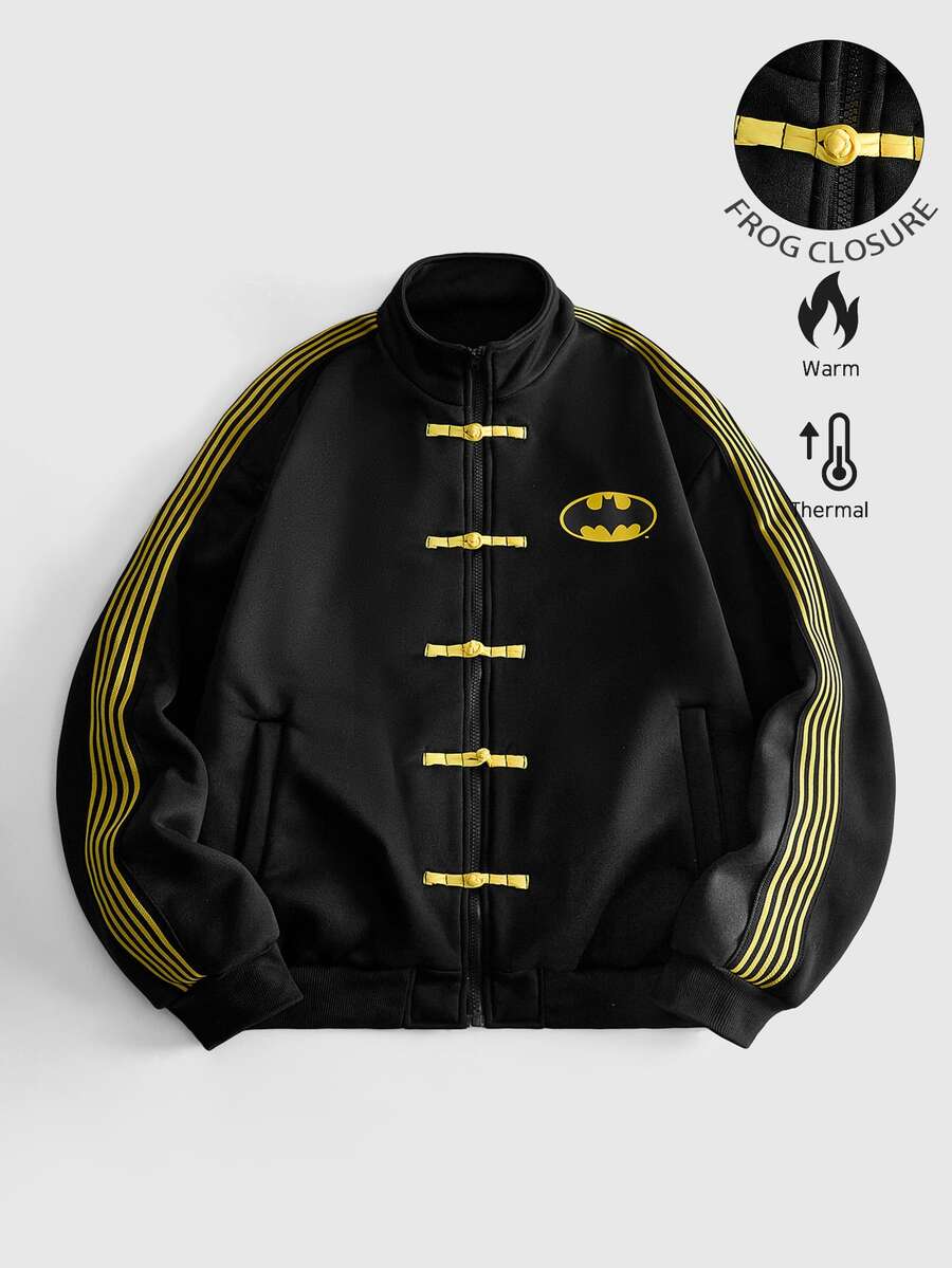 ROMWE MEN Batman X ROMWE 男士聯名配色立領長袖夾克足球球衣運動衫 - 黑色 - 查看 1