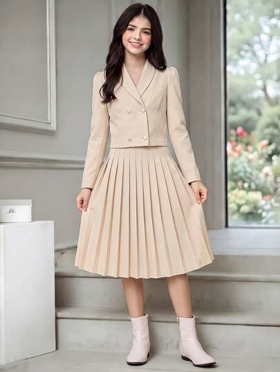 SHEIN 2 件青少年女孩翻领长袖双排扣短款西装外套 + 松紧腰褶皱迷你裙套装，休闲通勤时尚装，秋季