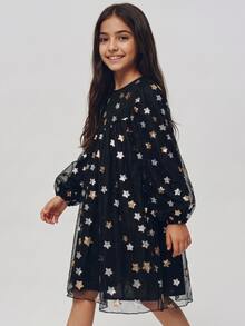 Maija Kids Maija Kids Tween Girl Five-Point Star Sequin Mesh Round Neck Cute Dress - Black - View 6