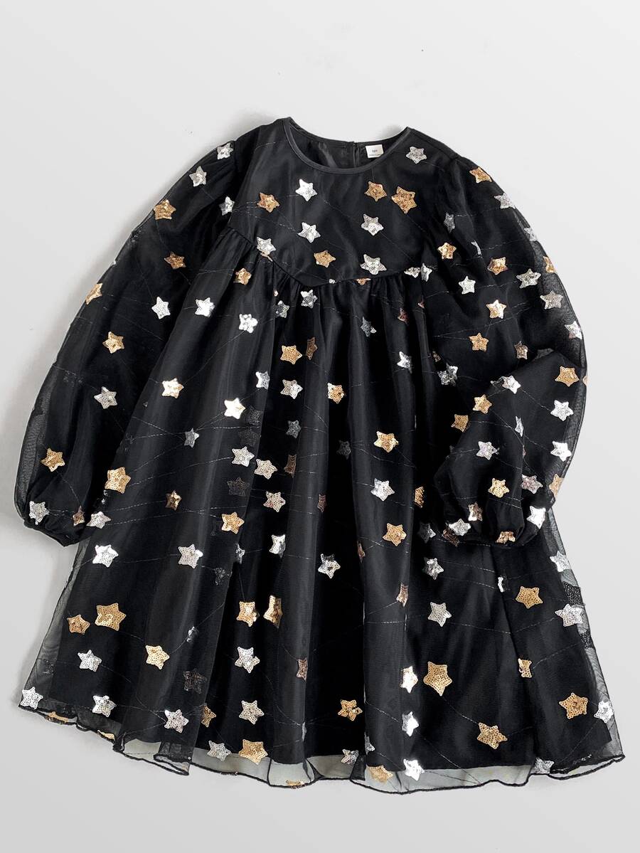 Maija Kids Maija Kids Tween Girl Five-Point Star Sequin Mesh Round Neck Cute Dress - Black - View 1