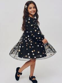 Maija Kids Maija Kids Tween Girl Five-Point Star Sequin Mesh Round Neck Cute Dress - Black - View 2