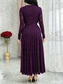 Modelyn Elegant Square Neck Lace Cinched Waist Mermaid Hem Party Dress,Dresses For Women Summer - Bold Plum - View 7