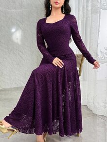 Modelyn Elegant Square Neck Lace Cinched Waist Mermaid Hem Party Dress,Dresses For Women Summer - Bold Plum - View 2
