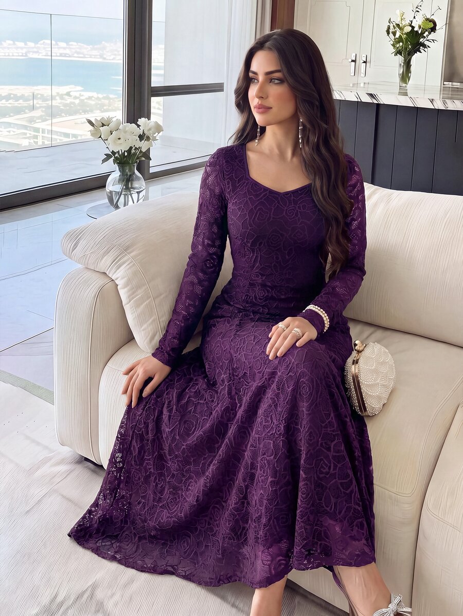 Modelyn Elegant Square Neck Lace Cinched Waist Mermaid Hem Party Dress,Dresses For Women Summer - Bold Plum - View 1