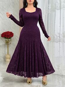 Modelyn Elegant Square Neck Lace Cinched Waist Mermaid Hem Party Dress,Dresses For Women Summer - Bold Plum - View 3