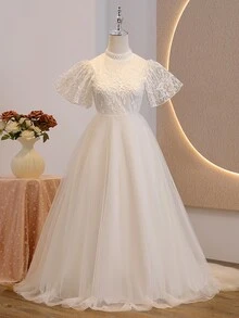 SHEIN فستان ميني أنيق للحفلات الرسمية للبنات المراهقات، مطرز من الشبك، أبيض بنقشة زهور صيفية، مناسب للتخرج - أبيض - مشاهدة 4