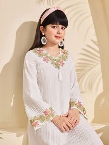青少年女孩秋季洋裝 Al-Adha 白色花卉 Abaya，夏季波希米亞風優雅度假端莊迷你洋裝，秋季派對雞尾酒會穿搭 - 白色 - 查看 5
