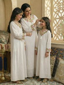 青少年女孩秋季洋裝 Al-Adha 白色花卉 Abaya，夏季波希米亞風優雅度假端莊迷你洋裝，秋季派對雞尾酒會穿搭 - 白色 - 查看 4