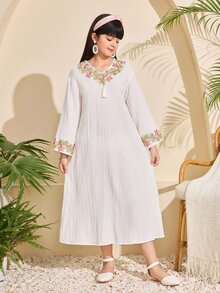 青少年女孩秋季洋裝 Al-Adha 白色花卉 Abaya，夏季波希米亞風優雅度假端莊迷你洋裝，秋季派對雞尾酒會穿搭 - 白色 - 查看 6