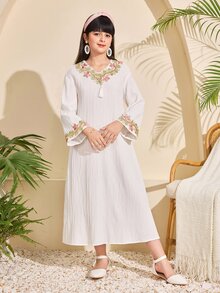 青少年女孩秋季洋裝 Al-Adha 白色花卉 Abaya，夏季波希米亞風優雅度假端莊迷你洋裝，秋季派對雞尾酒會穿搭 - 白色 - 查看 7