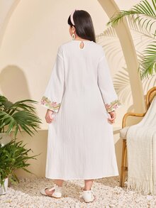 青少年女孩秋季洋裝 Al-Adha 白色花卉 Abaya，夏季波希米亞風優雅度假端莊迷你洋裝，秋季派對雞尾酒會穿搭 - 白色 - 查看 3