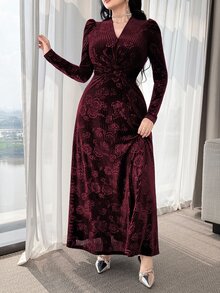 Modelyn Elegant Velvet Embossed Long Dress, Tea-Length For Women New Year's Outfit Dresses Red Wine Sleeve Marroon - Burgundy - View 5