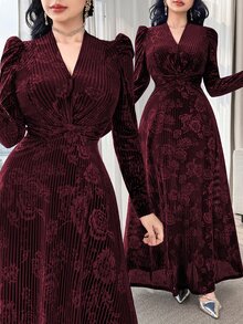 Modelyn Elegant Velvet Embossed Long Dress, Tea-Length For Women New Year's Outfit Dresses Red Wine Sleeve Marroon - Burgundy - View 3