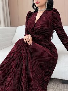 Modelyn Elegant Velvet Embossed Long Dress, Tea-Length For Women New Year's Outfit Dresses Red Wine Sleeve Marroon - Burgundy - View 4