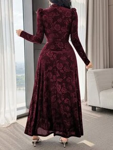 Modelyn Elegant Velvet Embossed Long Dress, Tea-Length For Women New Year's Outfit Dresses Red Wine Sleeve Marroon - Burgundy - View 8