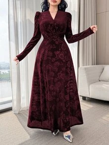 Modelyn Elegant Velvet Embossed Long Dress, Tea-Length For Women New Year's Outfit Dresses Red Wine Sleeve Marroon - Burgundy - View 6