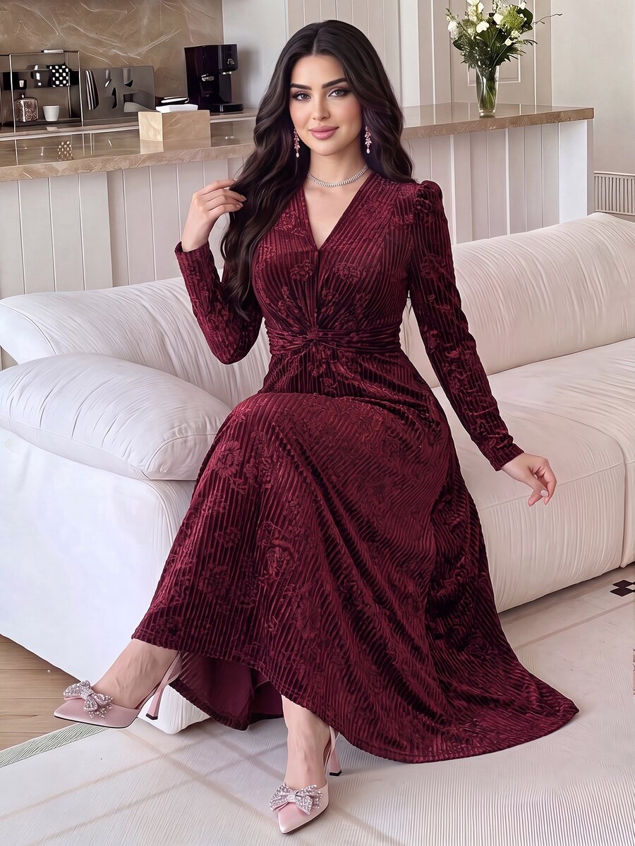 Modelyn Elegant Velvet Embossed Long Dress, Tea-Length For Women New Year's Outfit Dresses Red Wine Sleeve Marroon
