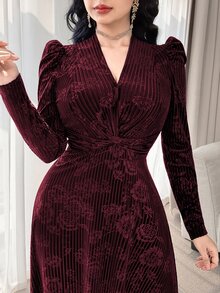 Modelyn Elegant Velvet Embossed Long Dress, Tea-Length For Women New Year's Outfit Dresses Red Wine Sleeve Marroon - Burgundy - View 9