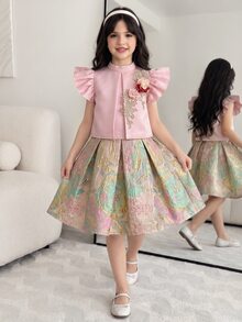 Girls Light Pink Summer Party Elegant Set,3D Floral Applique Ruffle Armhole Puff Sleeve Top And Jacquard Skirt,Pastel Flower Embroidered Blouse Dress - Pink - View 3