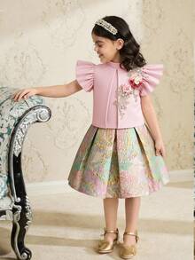 Girls Light Pink Summer Party Elegant Set,3D Floral Applique Ruffle Armhole Puff Sleeve Top And Jacquard Skirt,Pastel Flower Embroidered Blouse Dress - Pink - View 8