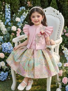 Girls Light Pink Summer Party Elegant Set,3D Floral Applique Ruffle Armhole Puff Sleeve Top And Jacquard Skirt,Pastel Flower Embroidered Blouse Dress - Pink - View 6