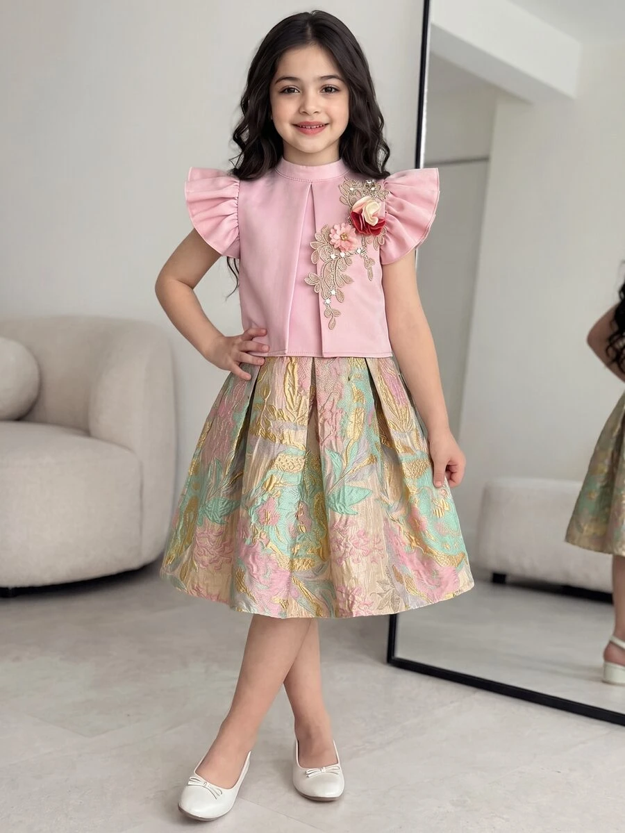 Girls Light Pink Summer Party Elegant Set,3D Floral Applique Ruffle Armhole Puff Sleeve Top And Jacquard Skirt,Pastel Flower Embroidered Blouse Dress