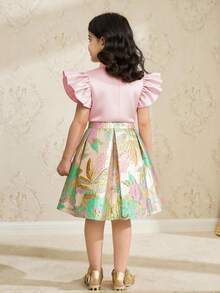Girls Light Pink Summer Party Elegant Set,3D Floral Applique Ruffle Armhole Puff Sleeve Top And Jacquard Skirt,Pastel Flower Embroidered Blouse Dress - Pink - View 5