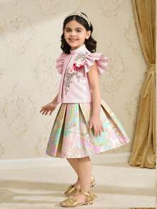 Girls Light Pink Summer Party Elegant Set,3D Floral Applique Ruffle Armhole Puff Sleeve Top And Jacquard Skirt,Pastel Flower Embroidered Blouse Dress - Pink - View 7