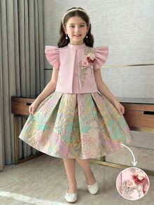 Girls Light Pink Summer Party Elegant Set,3D Floral Applique Ruffle Armhole Puff Sleeve Top And Jacquard Skirt,Pastel Flower Embroidered Blouse Dress - Pink - View 4
