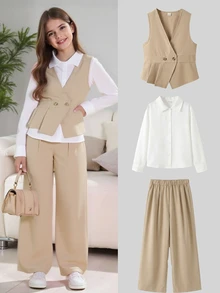 SHEIN 青少年女孩秋季套裝 3件/組 可愛西部風套裝：V領無袖外套、長袖白色襯衫、寬腿直筒褲 家庭校園黑色 - 卡其色 - 查看 3
