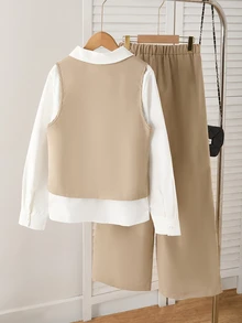 SHEIN 青少年女孩秋季套裝 3件/組 可愛西部風套裝：V領無袖外套、長袖白色襯衫、寬腿直筒褲 家庭校園黑色 - 卡其色 - 查看 4