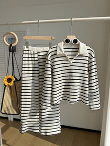 SHEIN Tween Girls Fall Outfits Fall Tops 2pcs/Set Round Neck Casual Stripe Long Sleeve T-Shirt And Pants Set Fall Winter, Comfortable, Outfit - Black and White - View 3