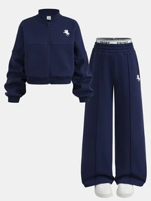 SHEIN 女童秋冬 2 件套 長袖拉鍊連帽外套 寬腿運動長褲 休閒套裝 聖誕 秋季 校園 慢跑 海軍藍 - 藍色 - 查看 10