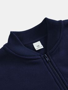 SHEIN 女童秋冬 2 件套 長袖拉鍊連帽外套 寬腿運動長褲 休閒套裝 聖誕 秋季 校園 慢跑 海軍藍 - 藍色 - 查看 3