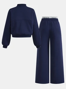 SHEIN 女童秋冬 2 件套 長袖拉鍊連帽外套 寬腿運動長褲 休閒套裝 聖誕 秋季 校園 慢跑 海軍藍 - 藍色 - 查看 2
