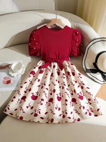 Tween Girl Black Floral Puff Sleeve Black Dresses Homecoming Dress Halloween Outfit Fall Style - Burgundy - View 8